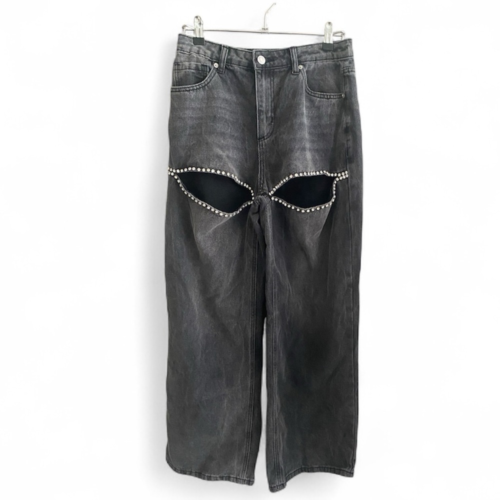 Wide Leg Rhinestone Cut-Out Denim Jeans